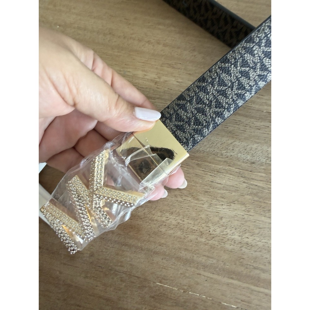 Michael Kors Reversible MK Logo Belt Large L Black Brown Signature Gold Crystal - Picture 2 of 8